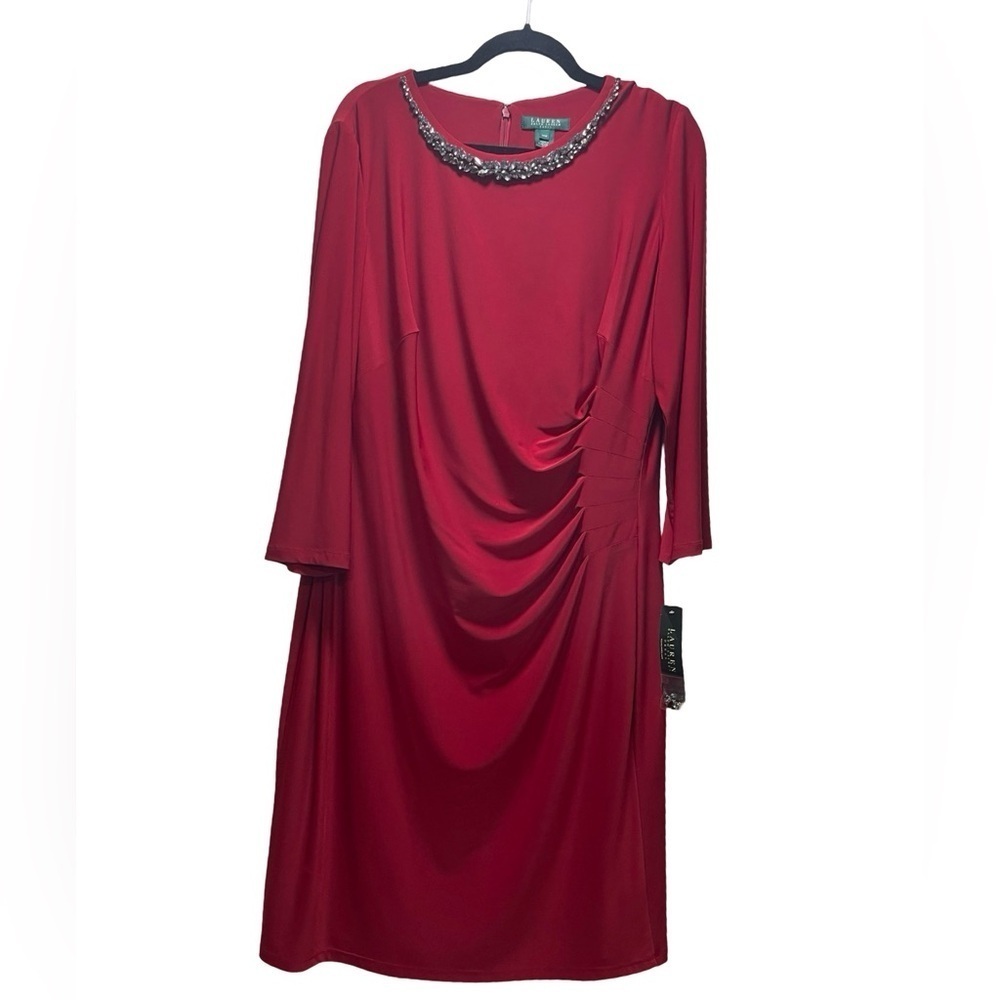 NWT Lauren Ralph Lauren Red Beaded Neckline Dress Size 14W